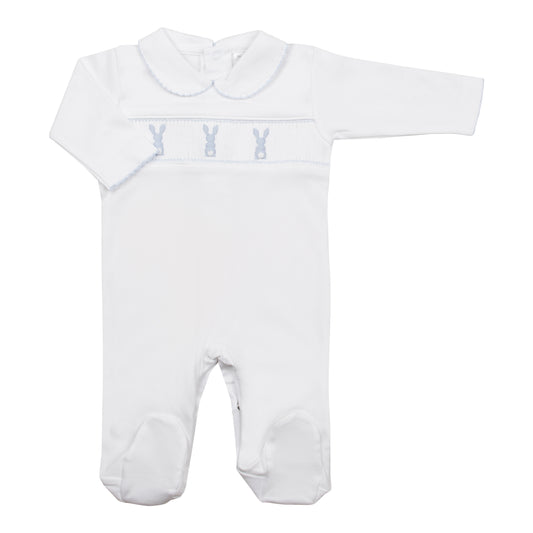 Macacão Longo Coelhinho Smock Azul em Algodão Pima Peruano