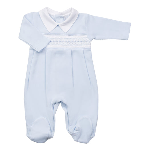 Macacão Longo Azul Smock Clássico Ponto Inglês em Algodão Pima Peruano