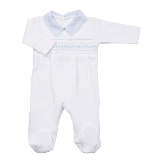 Macacão Longo Branco Smock Clássico Azul Ponto Inglês em Algodão Pima Peruano