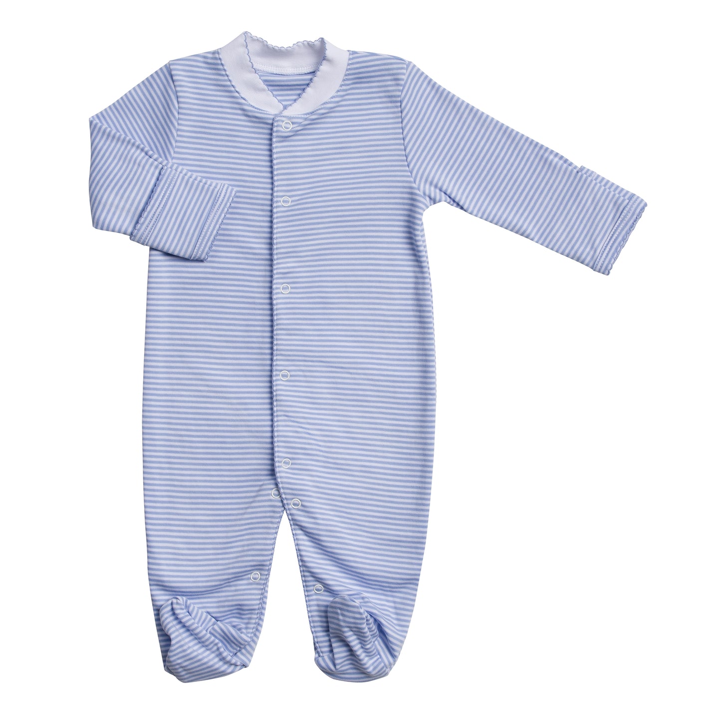 Macacão Longo Listrinhas Azul e Branco em Algodão Pima Peruano