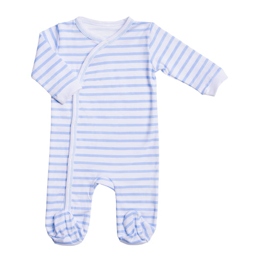 Macacão Longo Listra Horizontal Branco e Azul em Algodão Pima Peruano