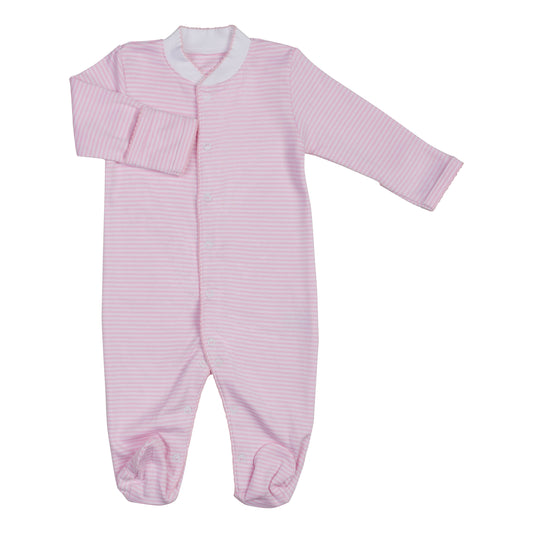 Macacão Longo Listrinhas Rosa e Branco em  Algodão Pima Peruano