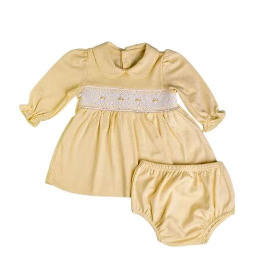 Vestido Manga Longa Smock Amarela em Algodão Pima Peruano