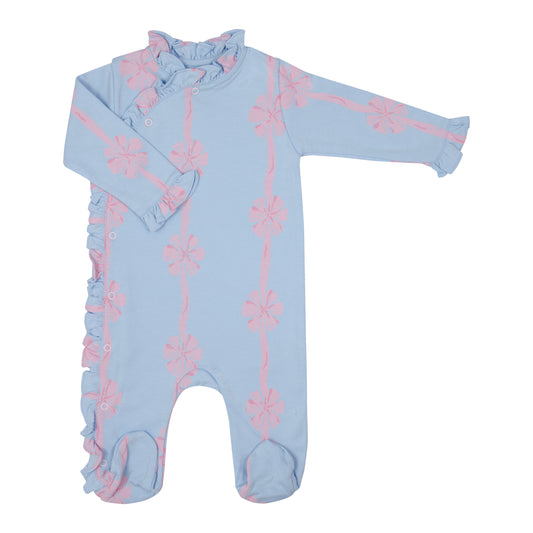 Macacão Longo Celeste Laço Rosa em Algodão Pima