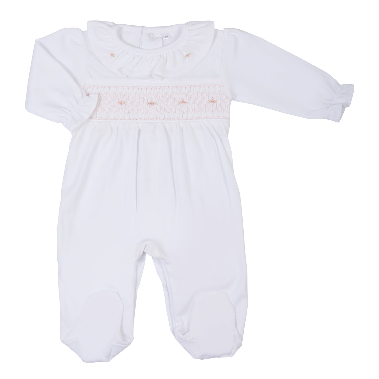 Macacão Longo Branco Smock Rosa em Algodão Pima Peruano
