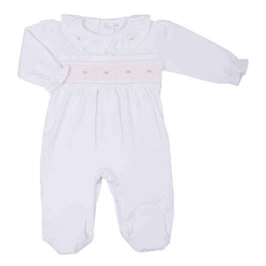 Macacão Longo Branco Smock Rosa em  Algodão Pima Peruano