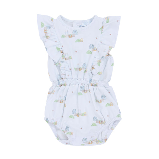 Macacão Curto Estampa Fazendinha (menina) em Algodão Pima Peruano