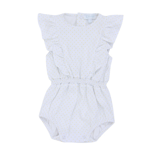 Macacão Curto Branco Bolinha Amarela em Algodão Pima Peruano