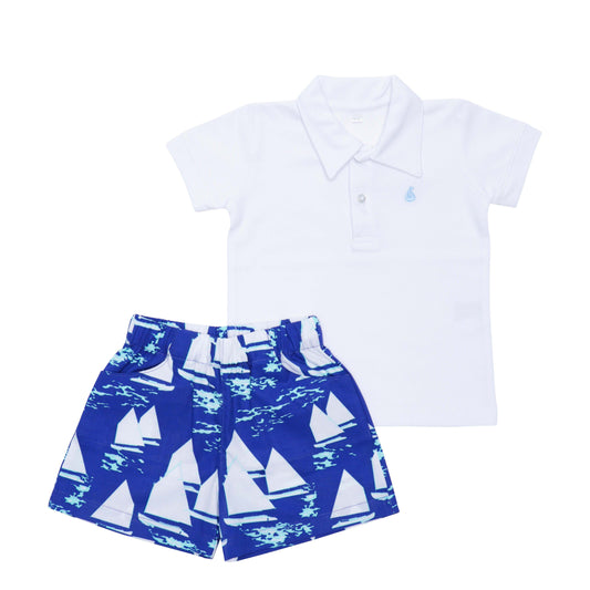 Camisa Polo Branca em Algodão Pima Peruano & Short Veleiro Azul Escuro ( Pima Popeline)