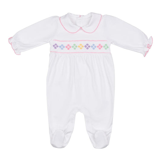 Macacão Longo Branco Smock Colorido em  Algodão Pima Peruano