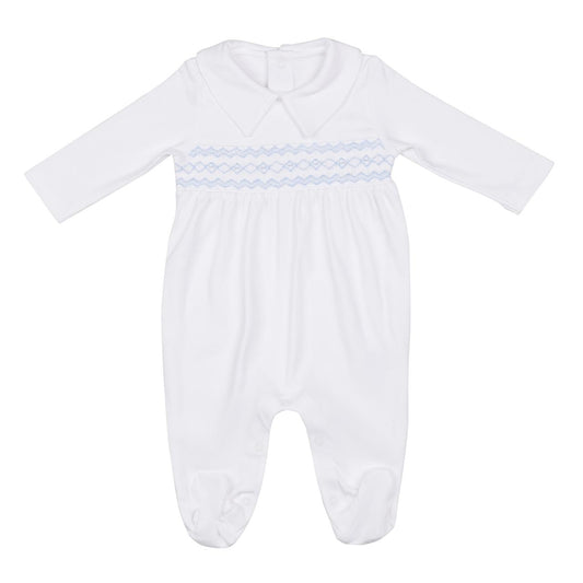 Macacão Manga Longa Branco Smock Losango em Algodão Pima Peruano