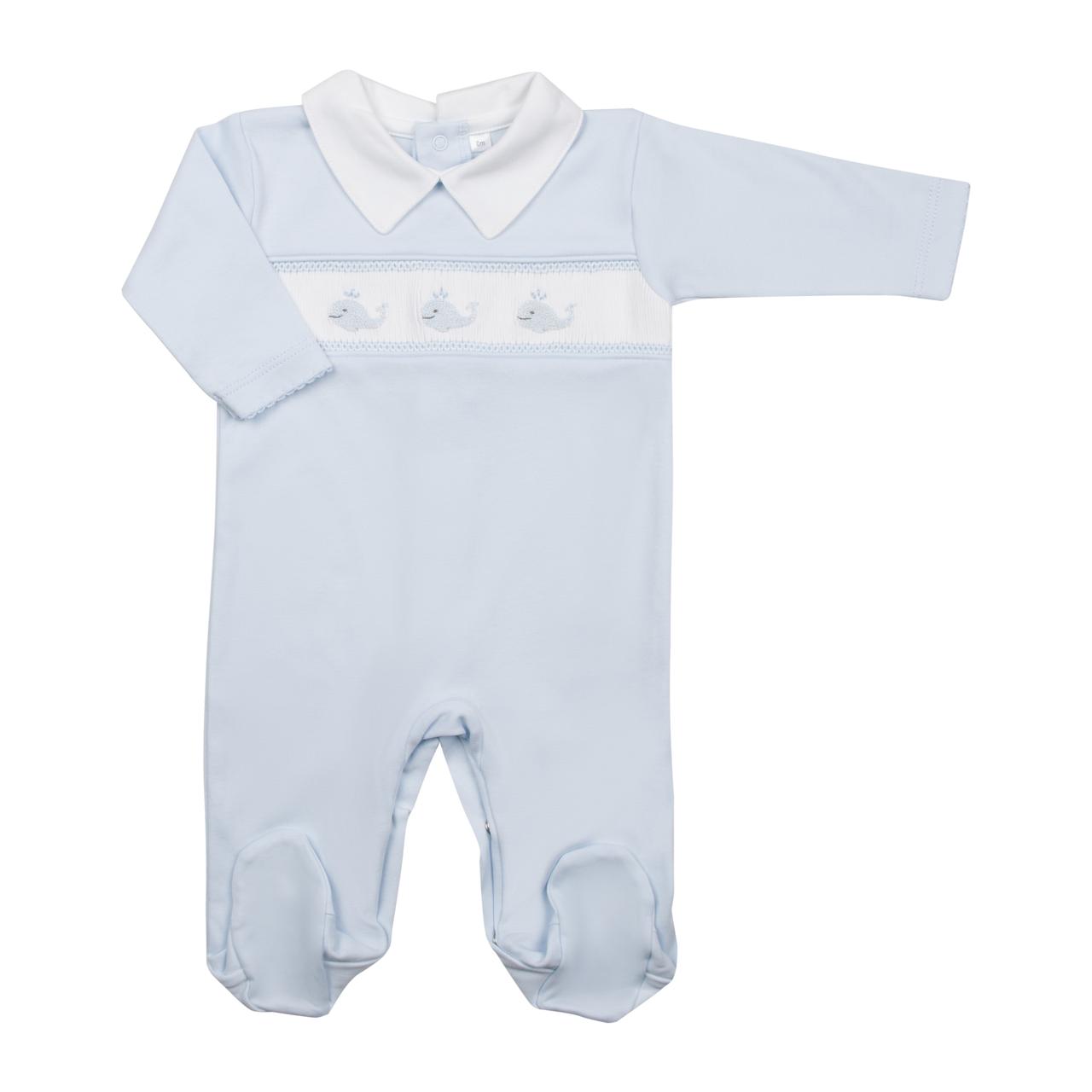 Macacão Longo Azul Smock Baleia em Algodão Pima Peruano