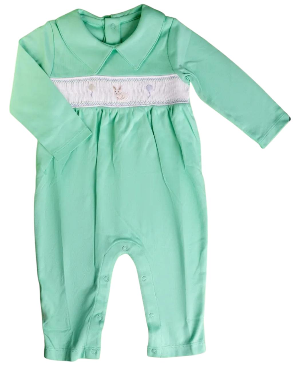 Macacão Longo Verde Smock Coelho e Balão em Algodão Pima Peruano