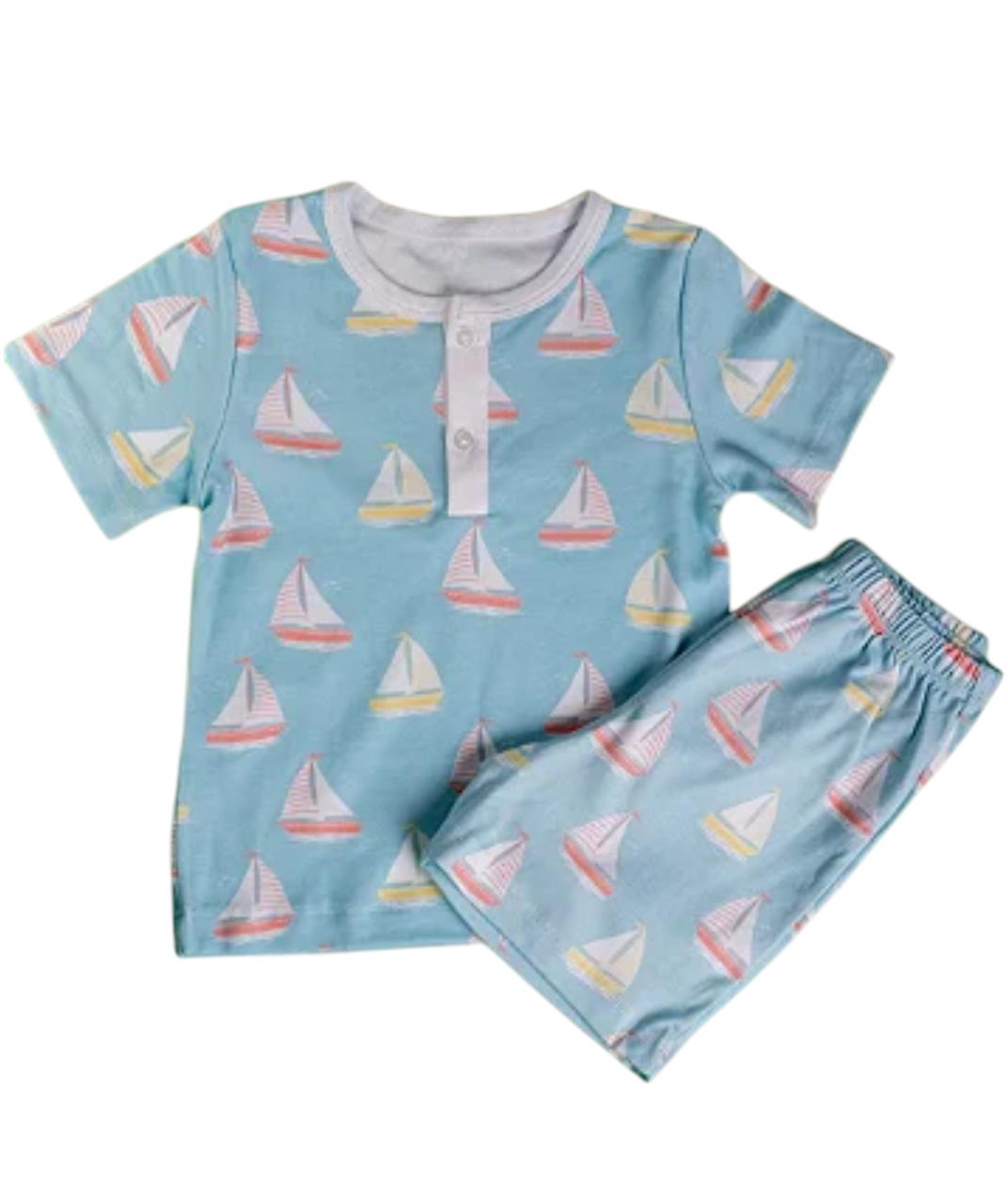 Pijama Curto Azul Claro Estampa Barquinho