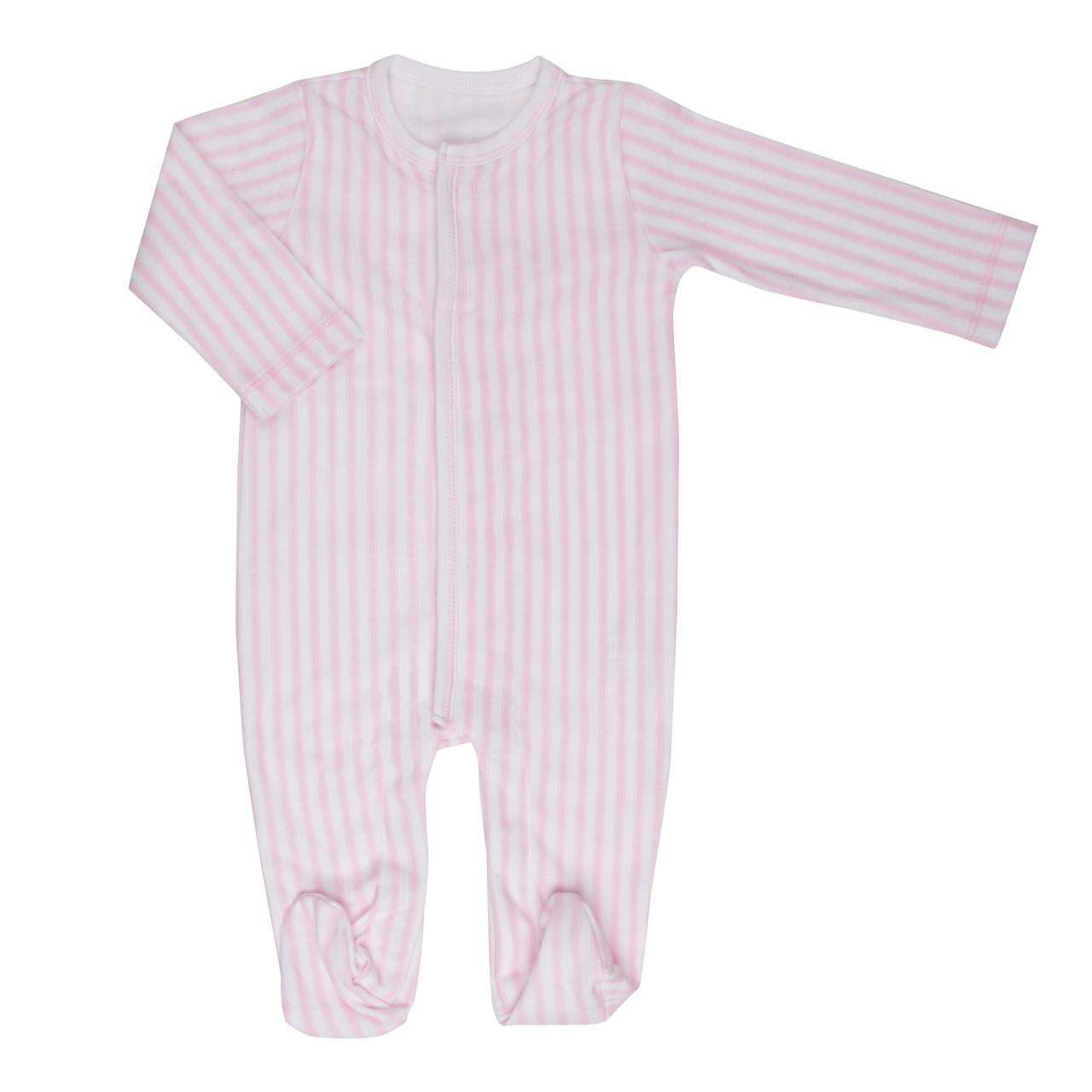 Macacão Longo Listras Rosa e Branco Vertical em Algodão Pima Peruano