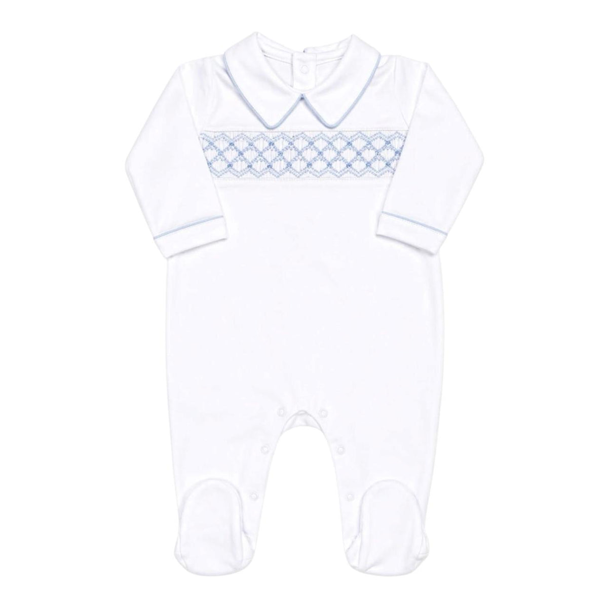 Macacão Longo Branco Smock Azul em Algodão Pima Peruano - PRÉ VENDA