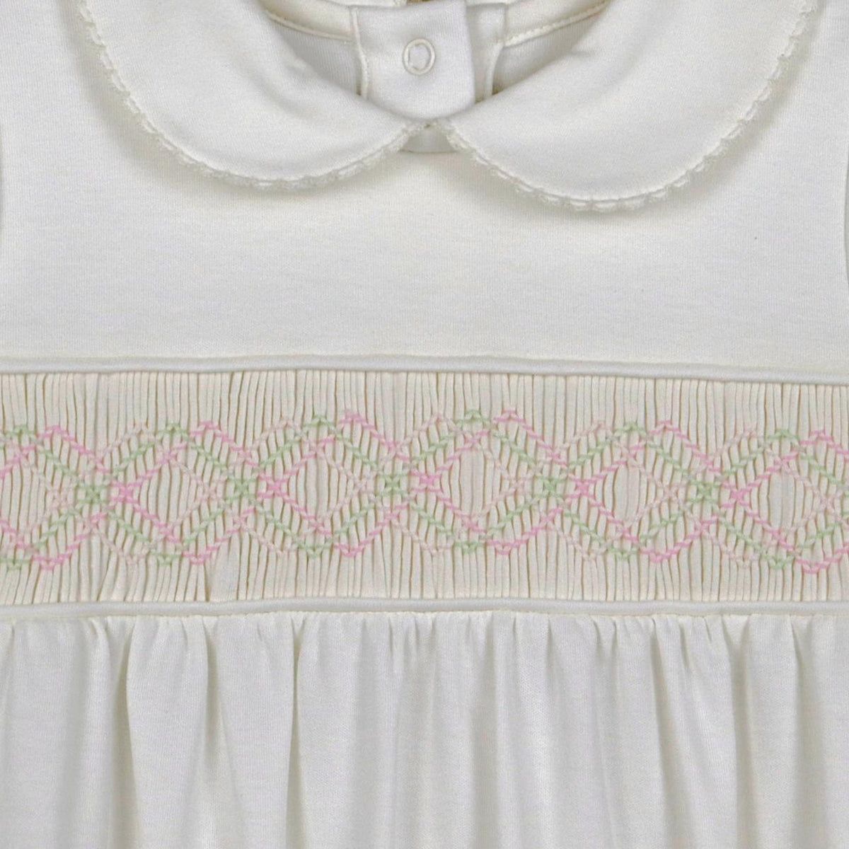 Macacão Longo Branco Smock Cruzado Verde e Rosa em Algodão Pima Peruano