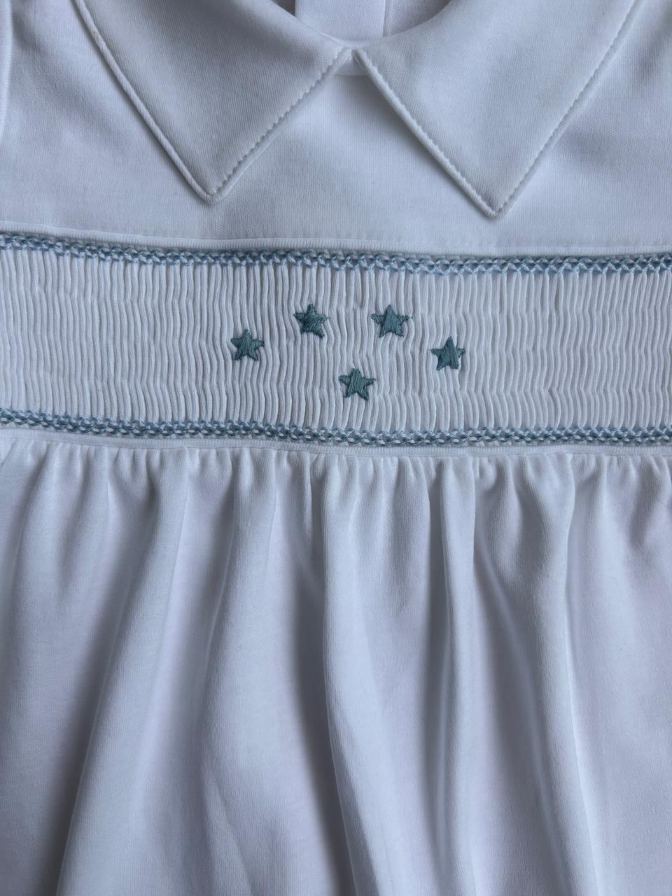 Macacão Longo Branco Smock Estrelas em Algodão Pima Peruano