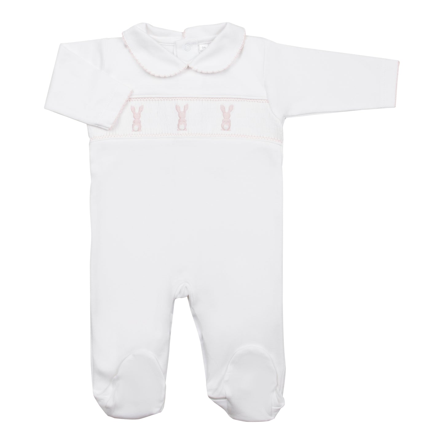 Macacão Longo Branco Smock Coelhinho Rosa em Algodão Pima Peruano