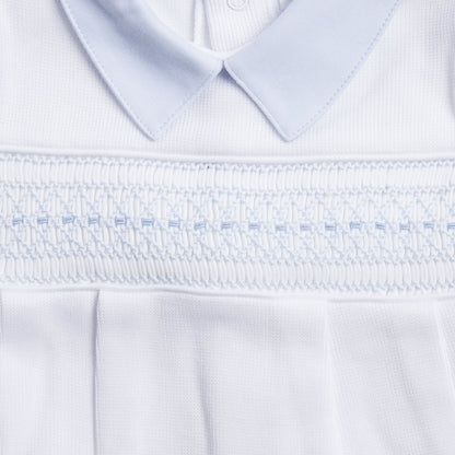Macacão Longo Branco Smock Clássico Azul Ponto Inglês em Algodão Pima Peruano