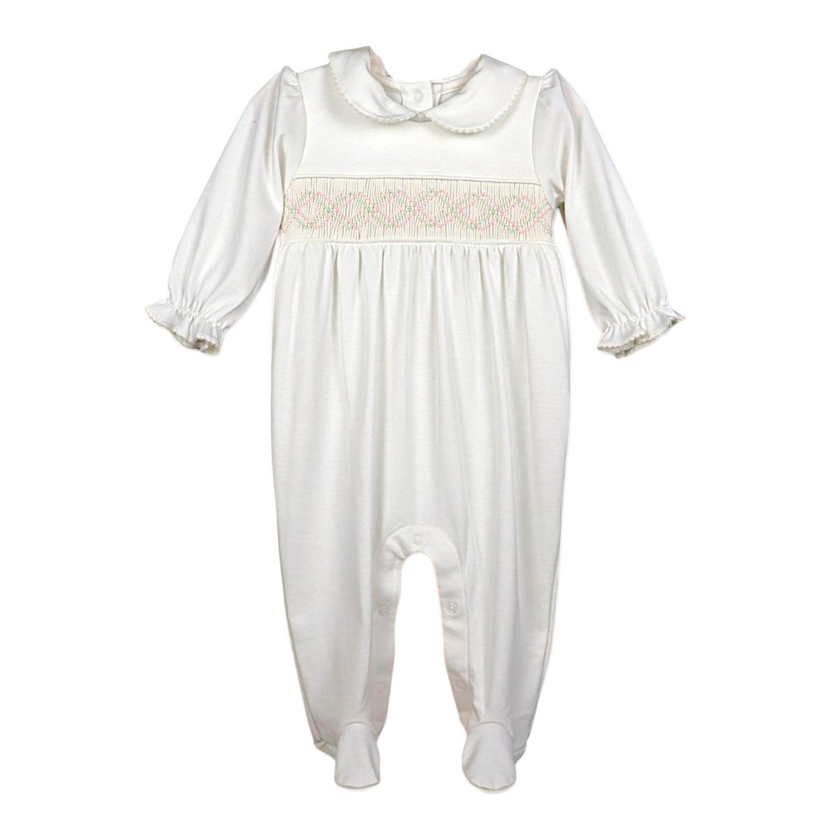 Macacão Longo Branco Smock Cruzado Verde e Rosa em Algodão Pima Peruano
