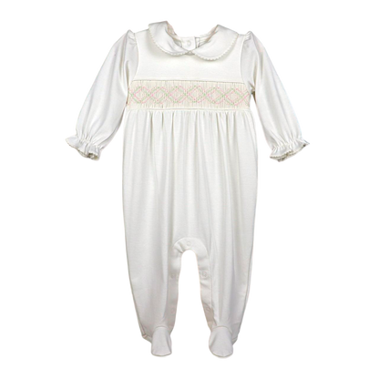 Macacão Longo Branco Smock Cruzado Verde e Rosa em Algodão Pima Peruano