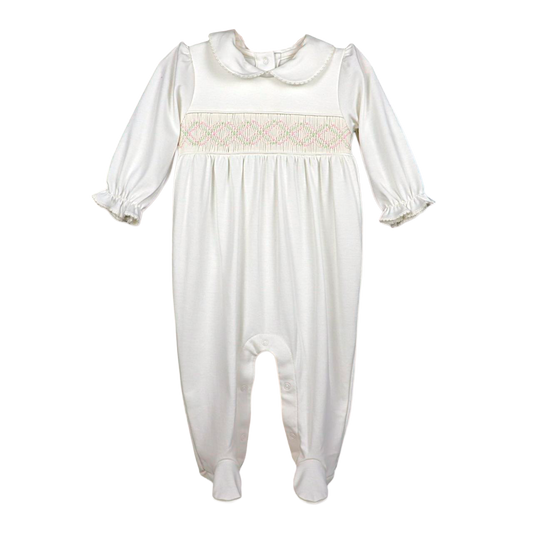 Macacão Longo Branco Smock Cruzado Verde e Rosa em Algodão Pima Peruano