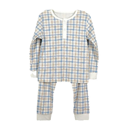Pijama Longo Xadrez Marrom e Azul em Algodão Pima Peruano