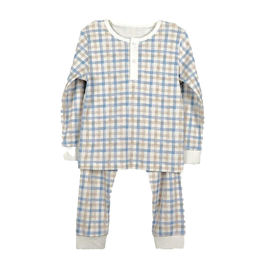 Pijama Longo Xadrez Marrom e Azul em Algodão Pima Peruano