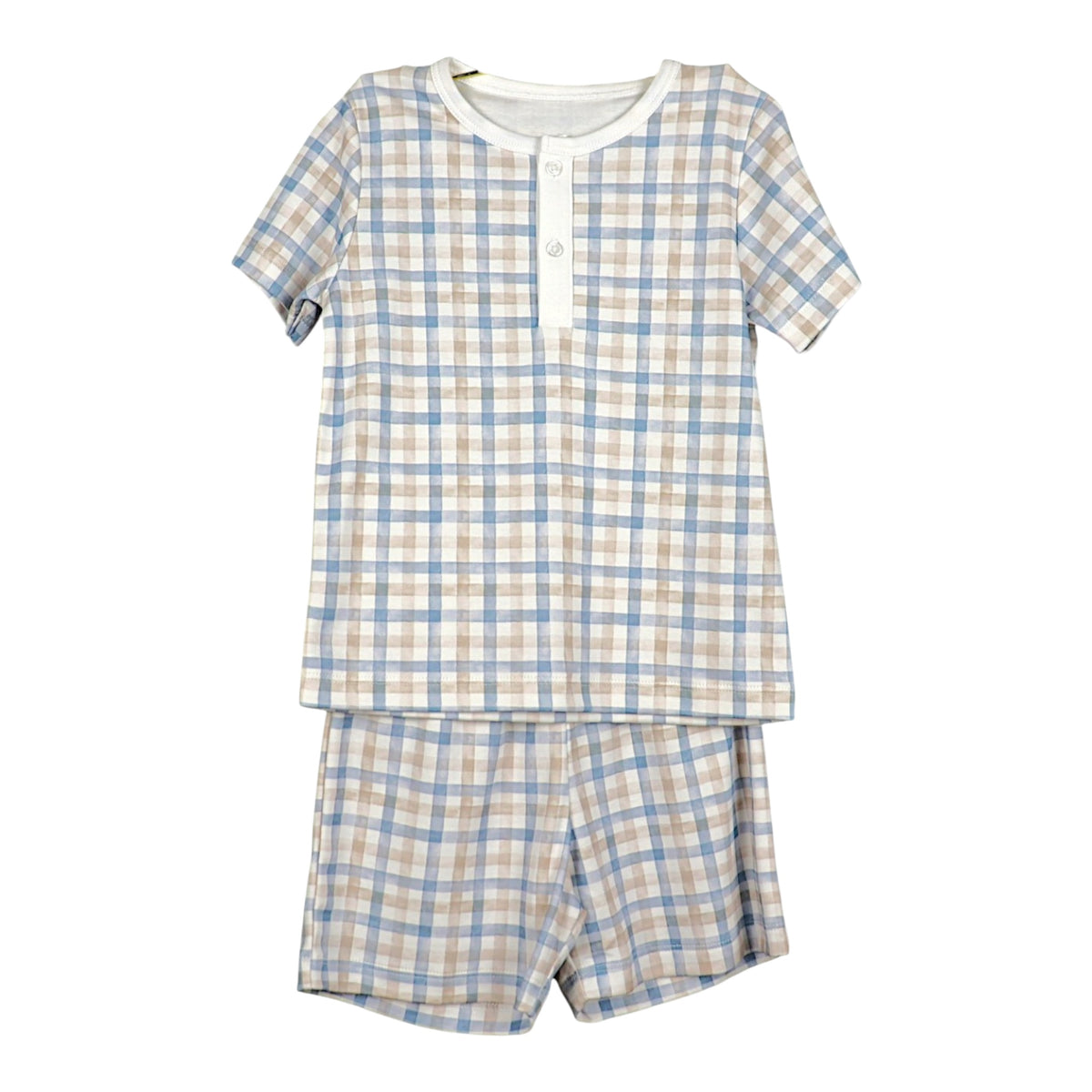 Pijama Curto Xadrez Azul e Marrom em Algodão Pima Peruano