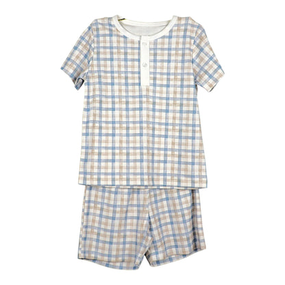 Pijama Curto Xadrez Azul e Marrom em Algodão Pima Peruano