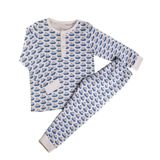 Pijama Longo Estampa Barco Azul em Algodão Pima Peruano