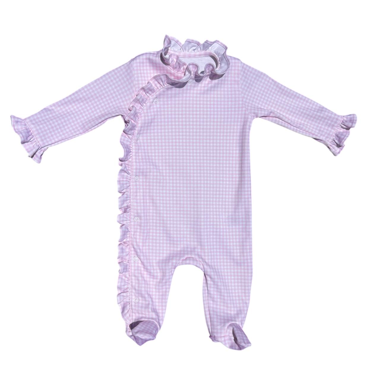 Macacão Longo Víés Xadrez Rosa em Algodão Pima Peruano