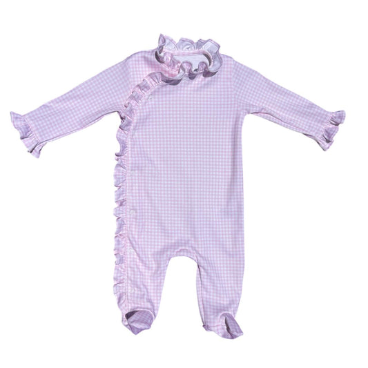 Macacão Longo Víés Xadrez Rosa em Algodão Pima Peruano