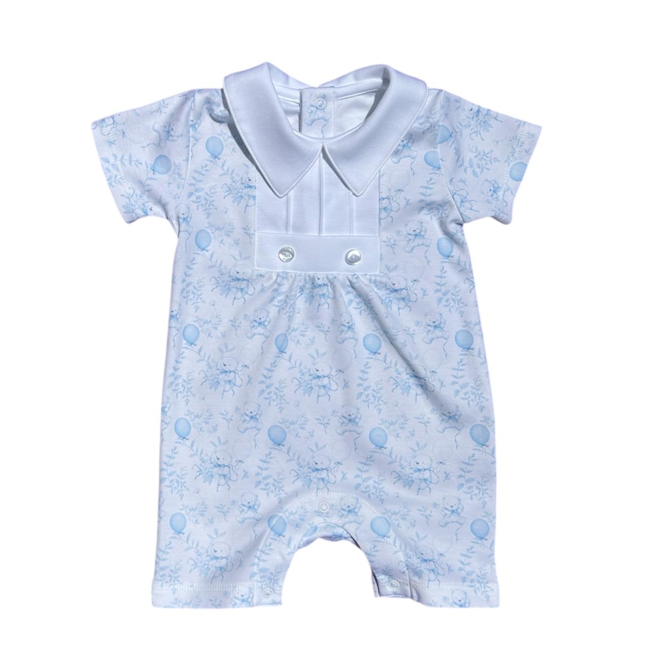 Macacão Curto Botões Balões Azuis em Algodão Pima Peruano