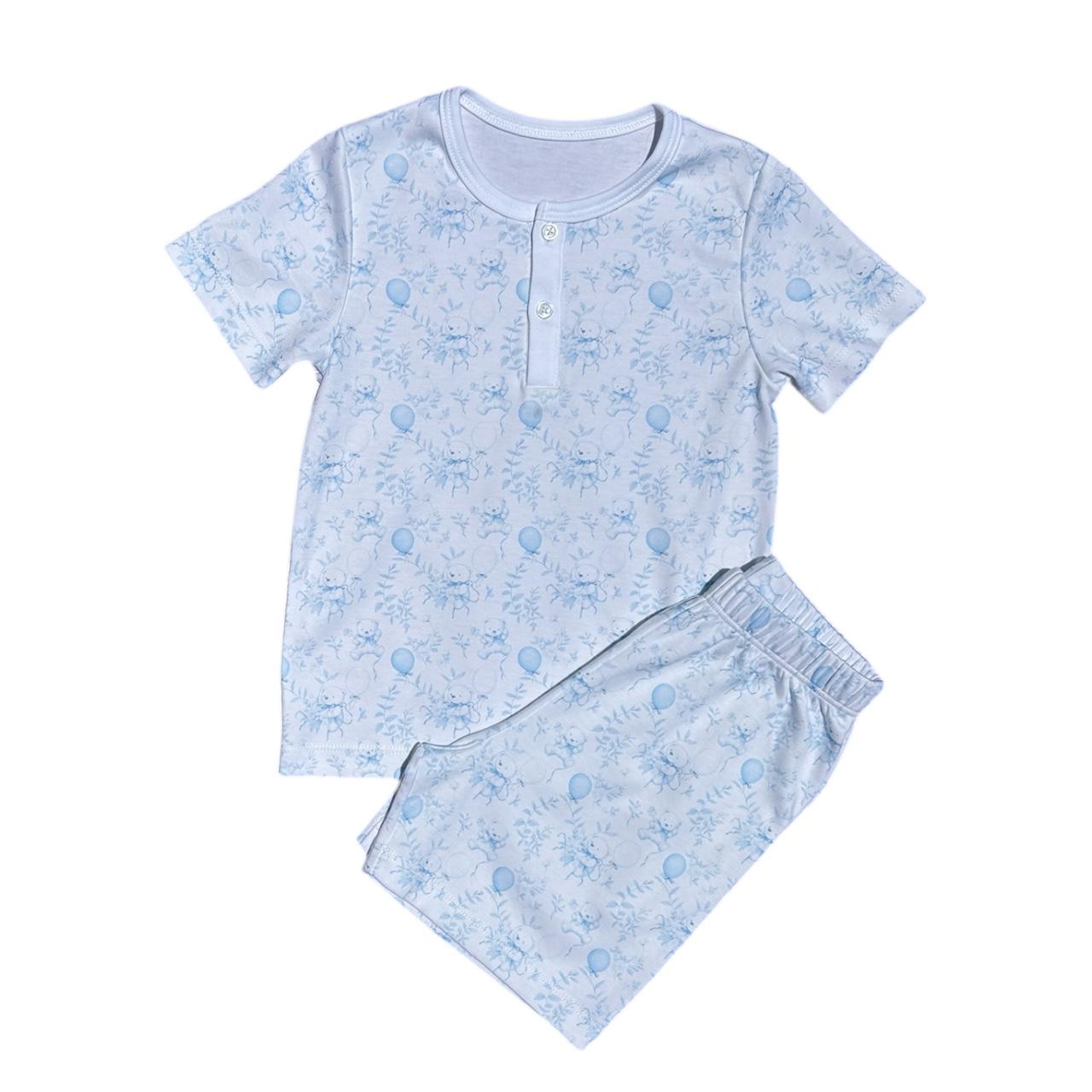 Pijama Curto Estampa Ursinho e Balões Azul em Algodão Pima Peruano