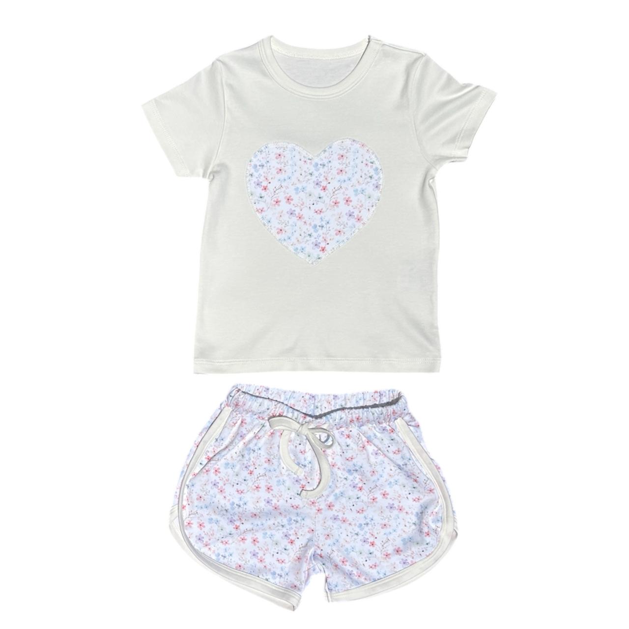 Pijama Curto Coração Florido em Algodão Pima Peruano