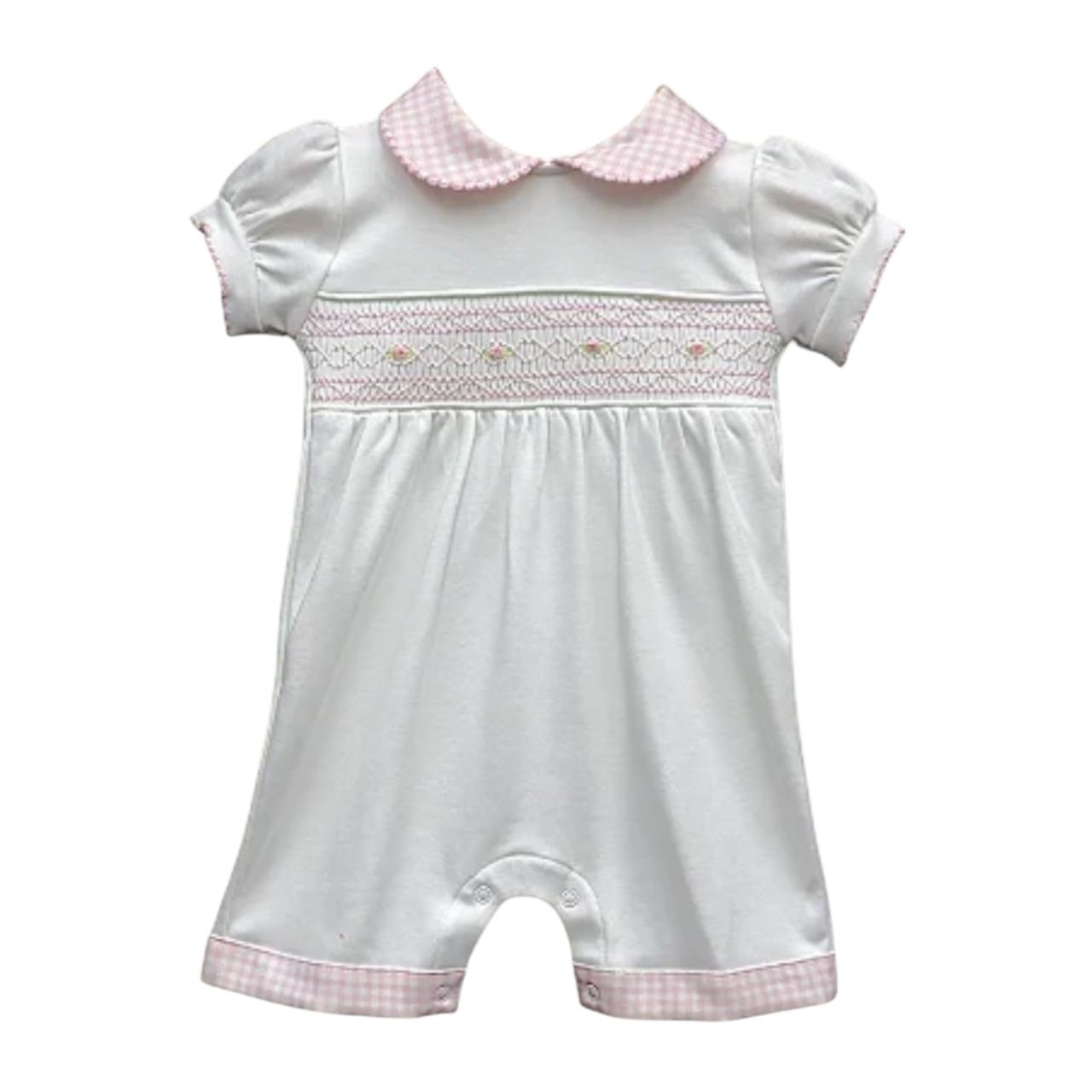 Macacão Curto Branco Smock Florzinha Rosa em Algodão Pima Peruano