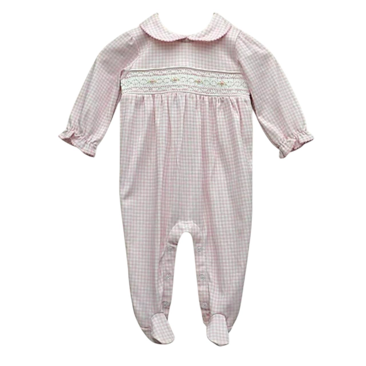 Macacão Longo Xadrez Rosa Smock Flor em Algodão Pima Peruano