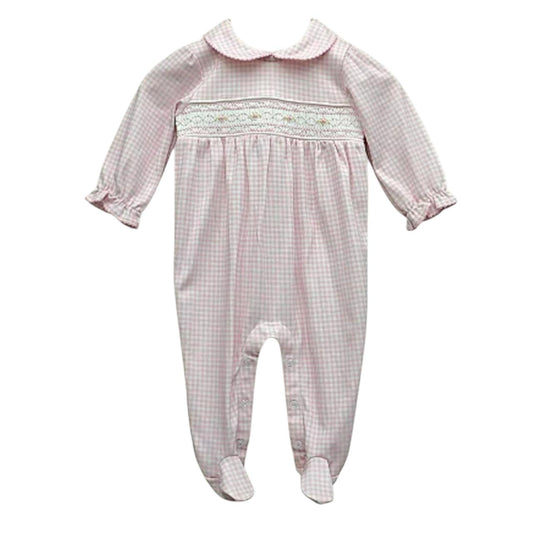 Macacão Longo Xadrez Rosa Smock Flor em Algodão Pima Peruano