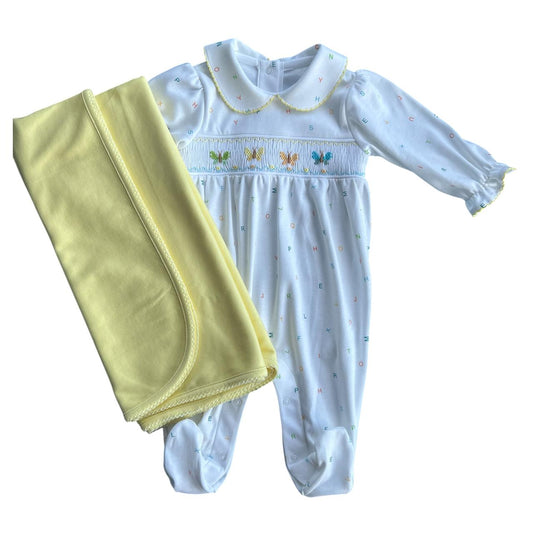 Conjunto Macacão Longo Smock Borboletas Coloridas & Manta Amarela em Algodão Pima Peruano