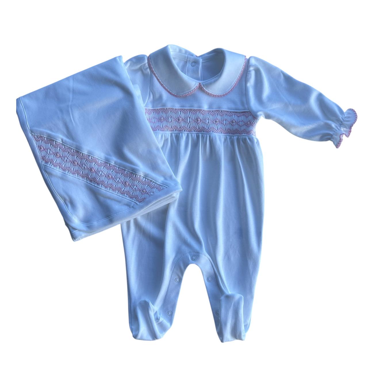 Conjunto Macacão Longo & Manta Branca Smock Losango Rosa em Algodão Pima Peruano