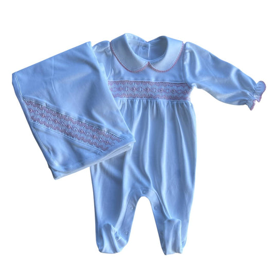Conjunto Macacão Longo & Manta Branca Smock Losango Rosa em Algodão Pima Peruano