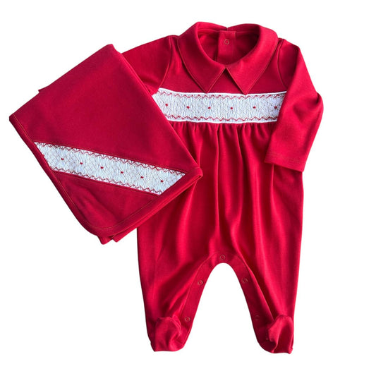 Macacão Vermelho Smock Pontos e Manta Smock Pontos em Algodão Pima Peruano