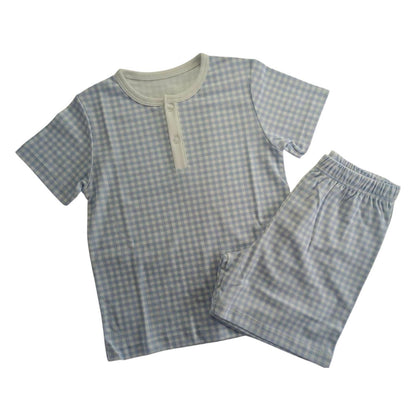 Pijama Curto Xadrez Azul e Branco em Algodão Pima Peruano