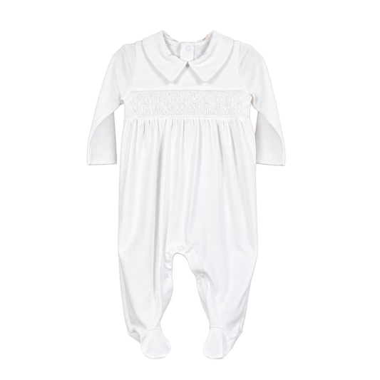 Macacão Longo Branco Bordado Smock Branco em Algodão Pima Peruano