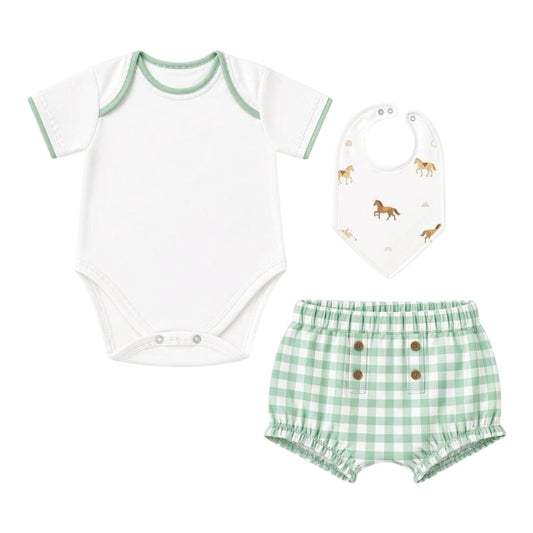 Conjunto Body, Short & Babador xadrez verde e branco em Algodão Pima Peruano - PRÉ VENDA