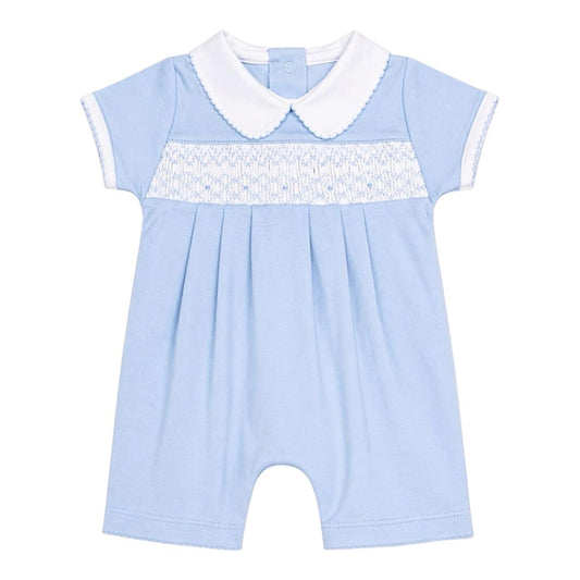 Macacão Curto Azul Smock em Algodão Pima Peruano - PRÉ VENDA