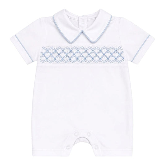 Macacão Curto Branco Smock Azul em Algodão Pima Peruano - PRÉ VENDA