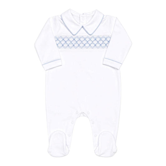 Macacão Longo Branco Smock Azul em Algodão Pima Peruano - PRÉ VENDA